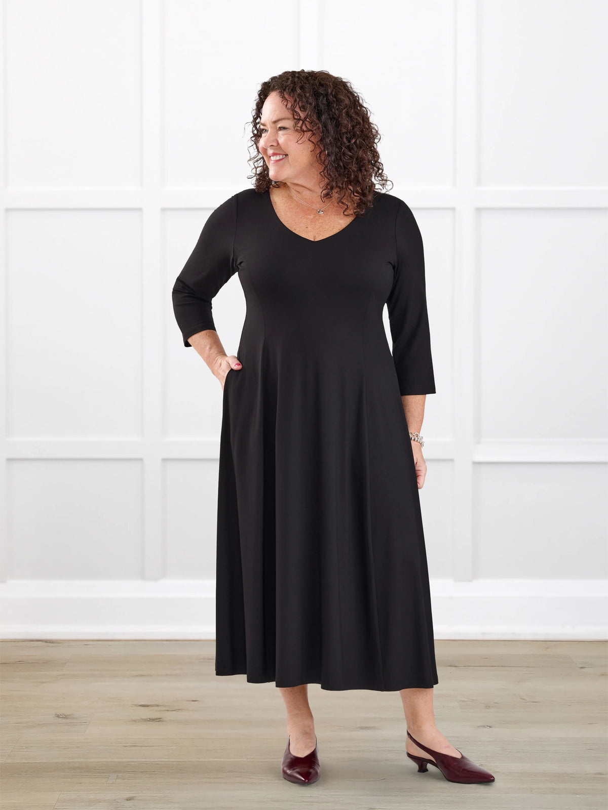 Marlena reversible v neck midi dress for women in Black on model Kerri, size M @Kerri-M 