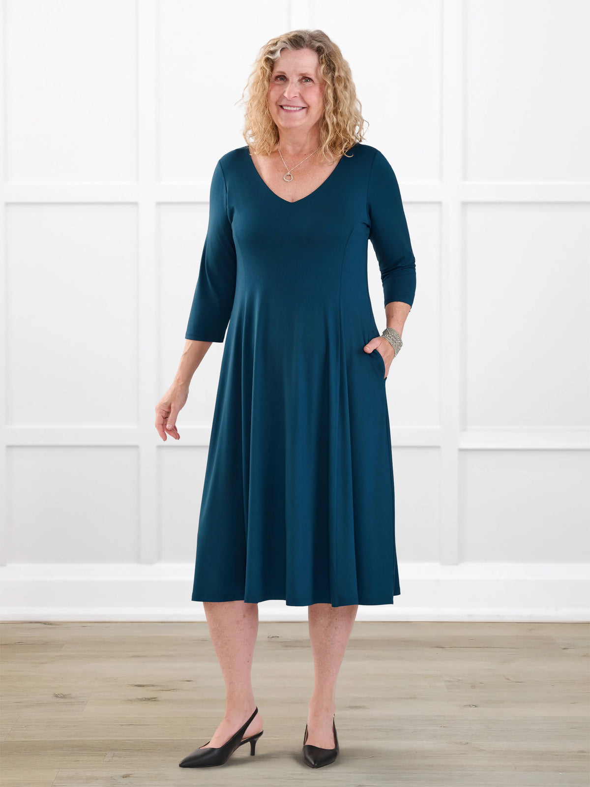 Marlena reversible v neck midi dress for women in Atlantic on model Carolyn, size L @Carolyn-L 