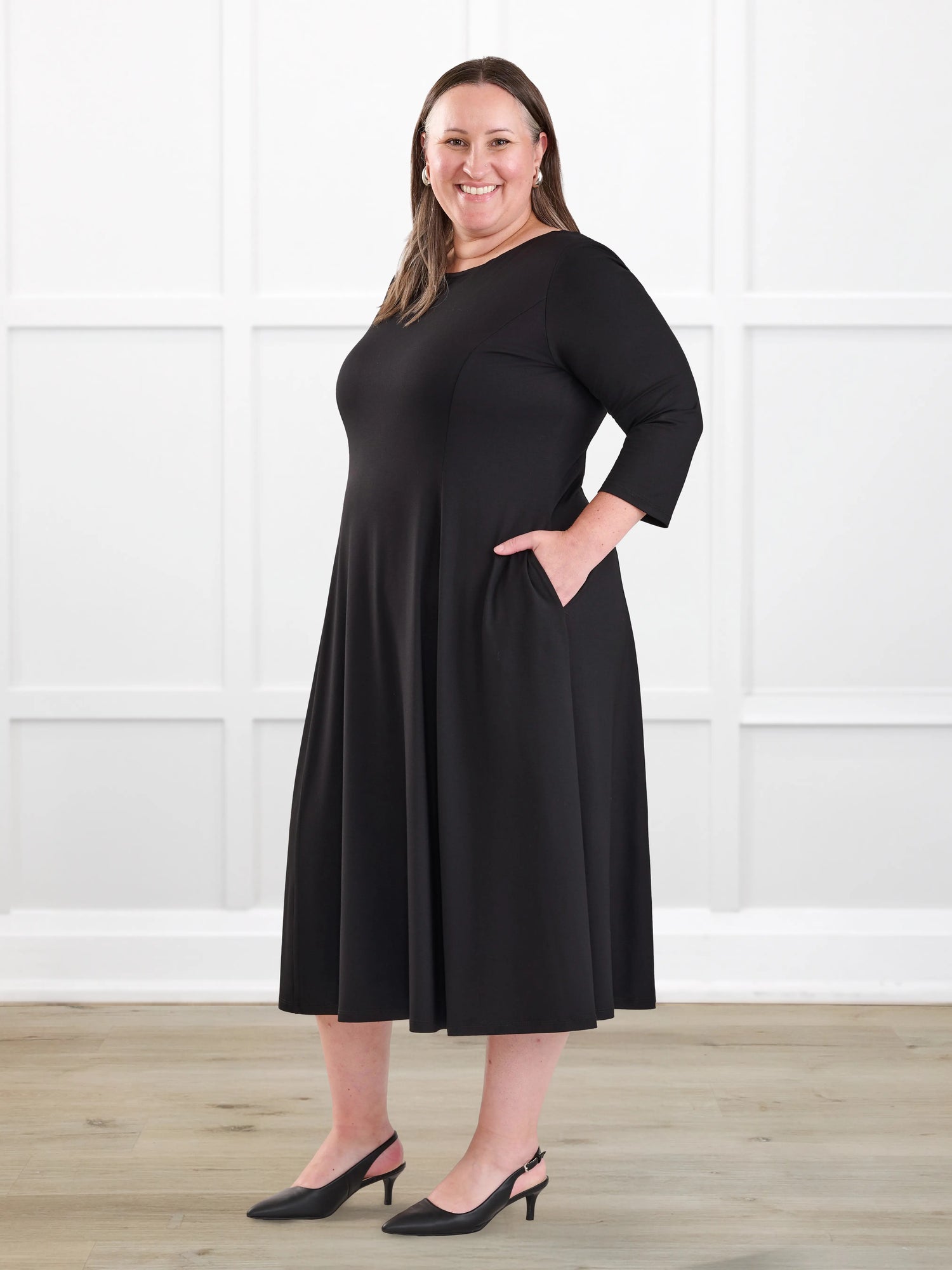 Marlena reversible v neck midi dress for women in Black on model Cristina, size XXL @Cristina-XXL 