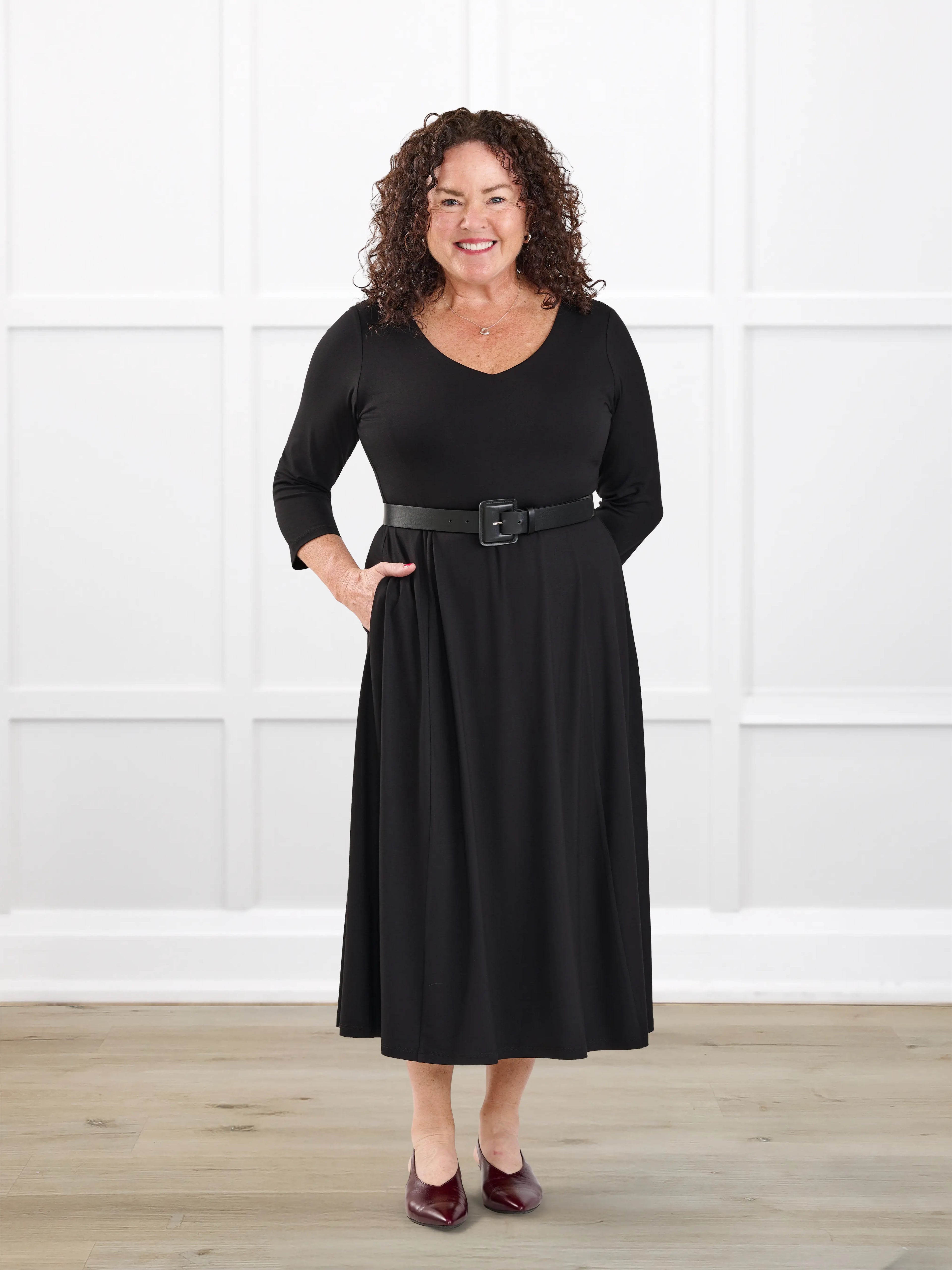 Marlena reversible v neck midi dress for women in Black on model Kerri, size M @Kerri-M 