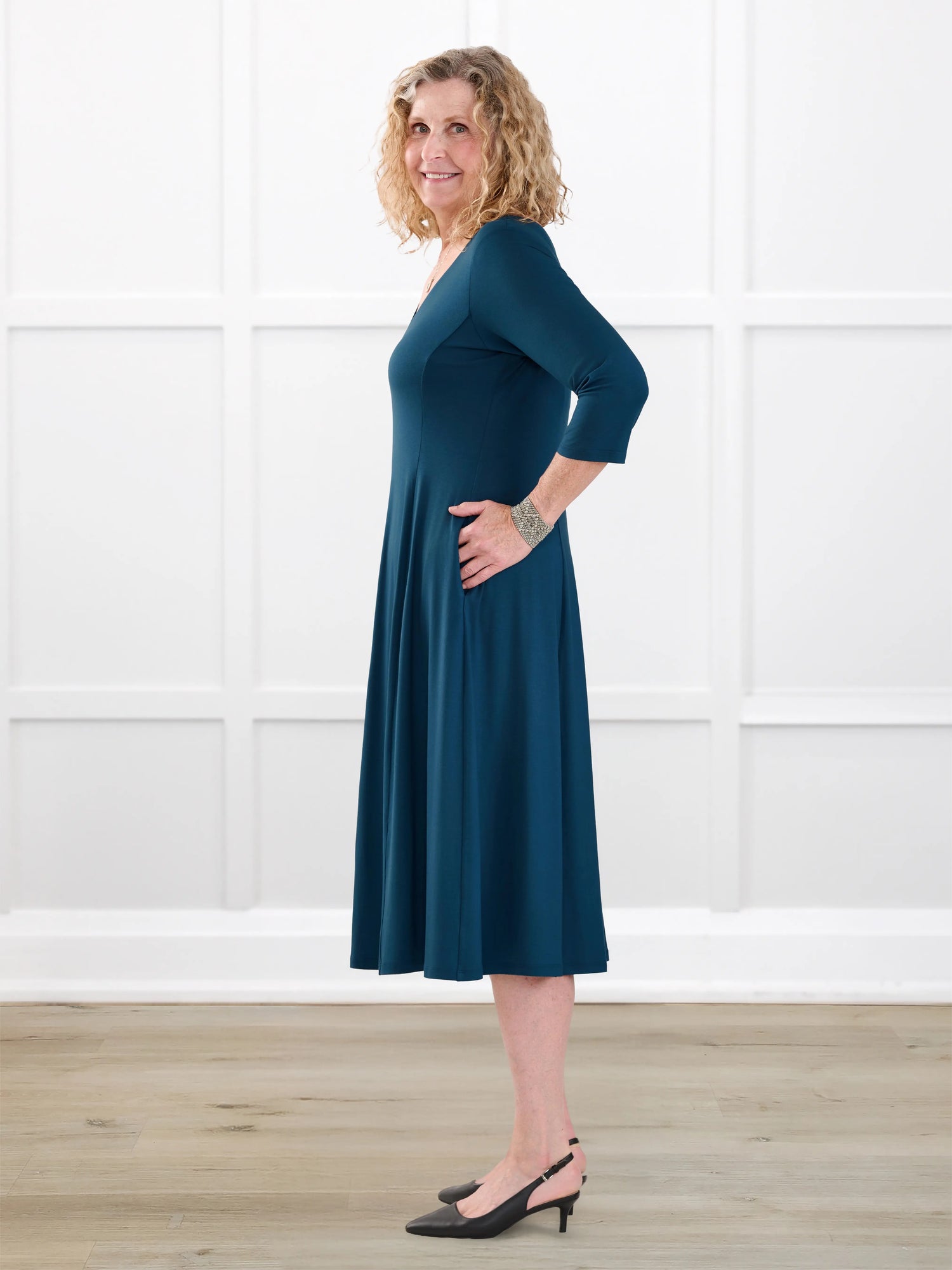 Marlena reversible v neck midi dress for women in Atlantic on model Carolyn, size L @Carolyn-L 