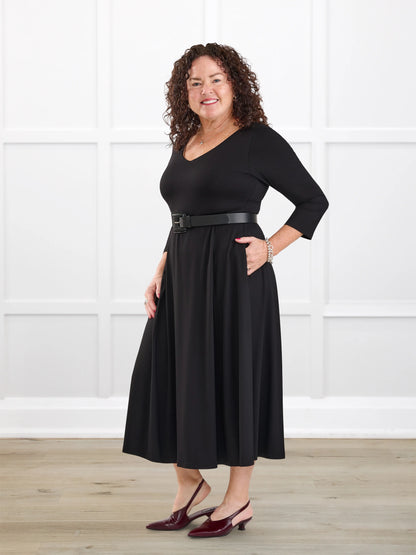 Marlena reversible v neck midi dress for women in Black on model Kerri, size M @Kerri-M 
