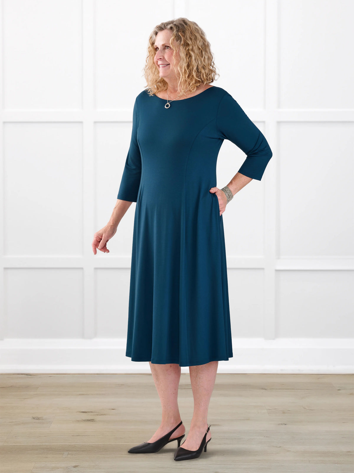 Marlena reversible v neck midi dress for women in Atlantic on model Carolyn, size L @Carolyn-L 
