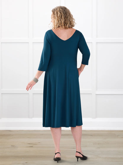 Marlena reversible v neck midi dress for women in Atlantic on model Carolyn, size L @Carolyn-L 