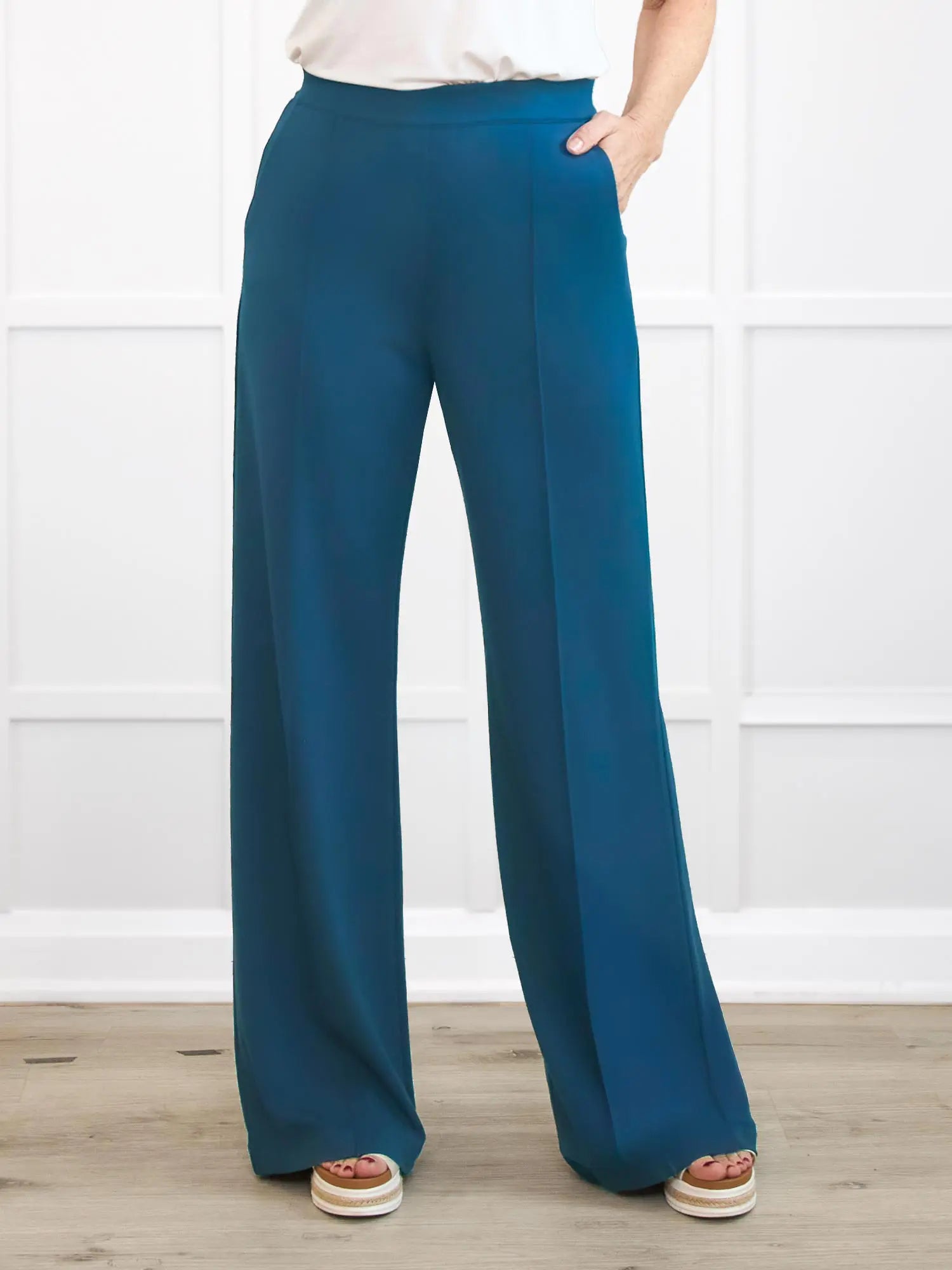 Maxine wide leg pintuck ponte pant for women in Moroccan blue 