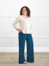 Maxine wide leg pintuck ponte pant for women in Moroccan blue on model Kerri, size S Petite @Kerri-S-petite 