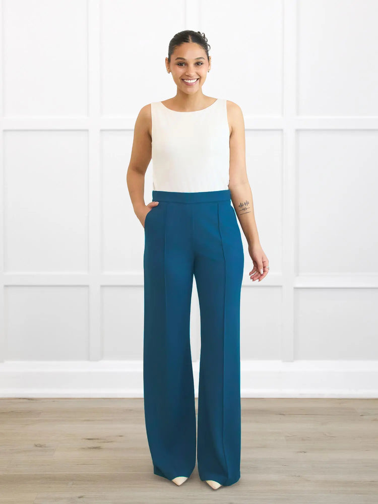 Maxine wide leg pintuck ponte pant for women in Moroccan blue on model Meron, size XS Regular @Meron-XS-regular 