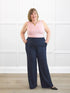 Maxine wide leg pintuck ponte pant for women in Navy on model Laurie, size XL Petite @Laurie-XL-petite 