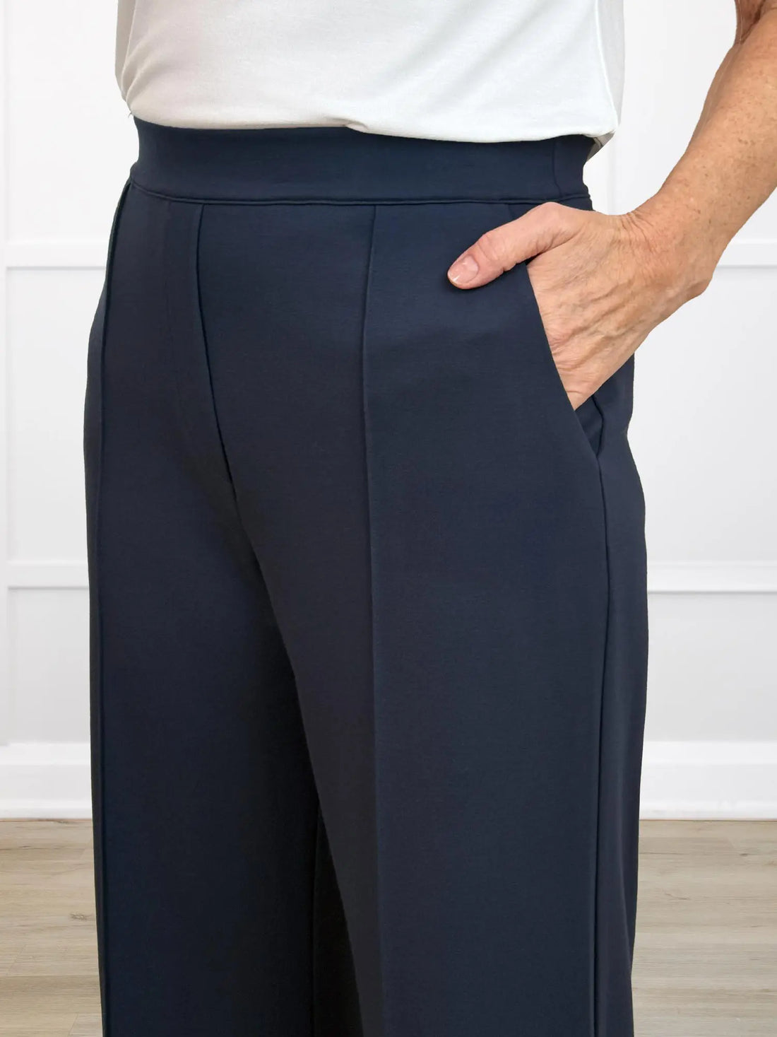 Maxine wide leg pintuck ponte pant for women in Navy 