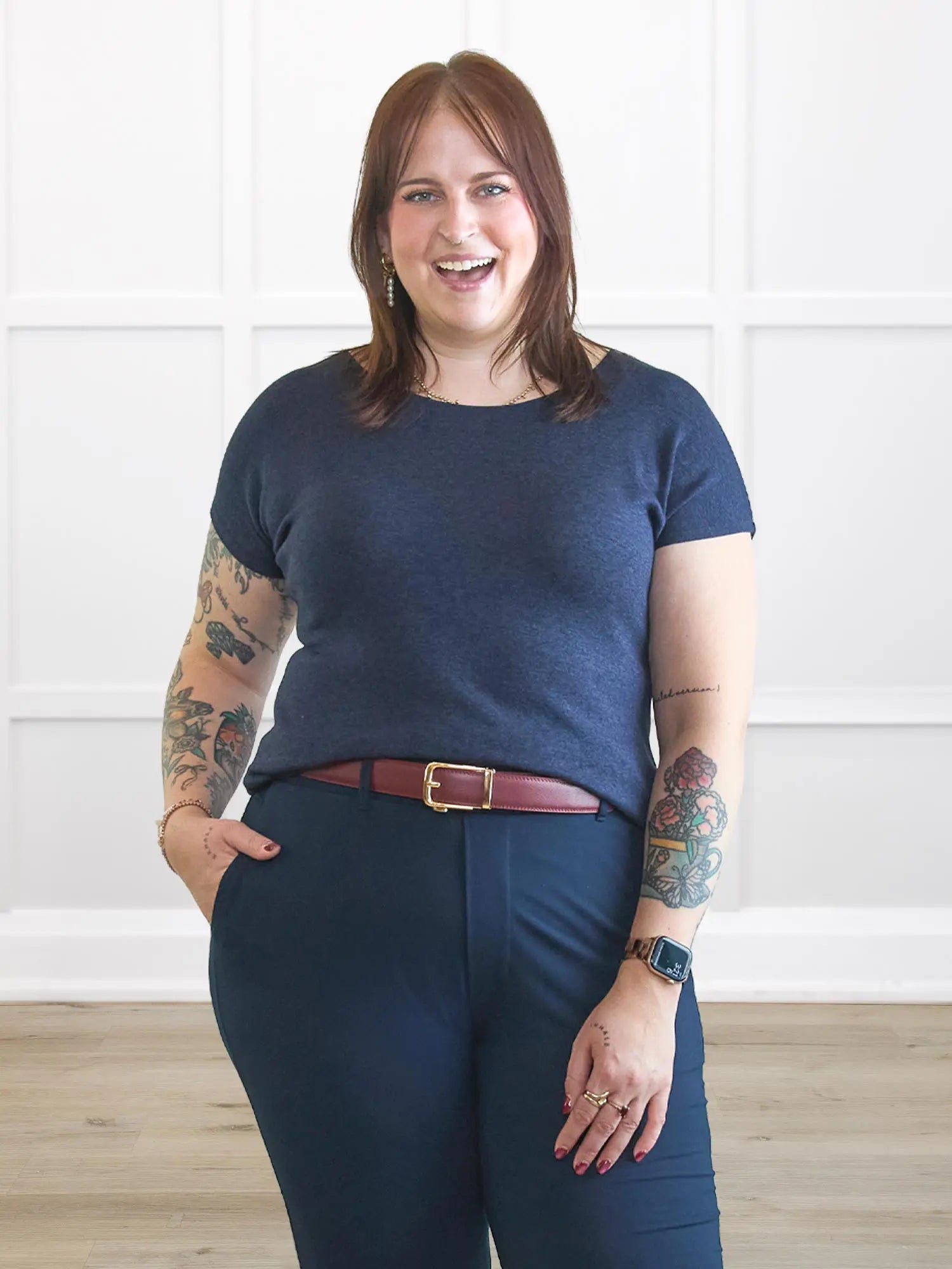 Mimi reversible neckline dolman top for women 00 in Midnight blue on model Kaitlin, size L @Kaitlin-L 