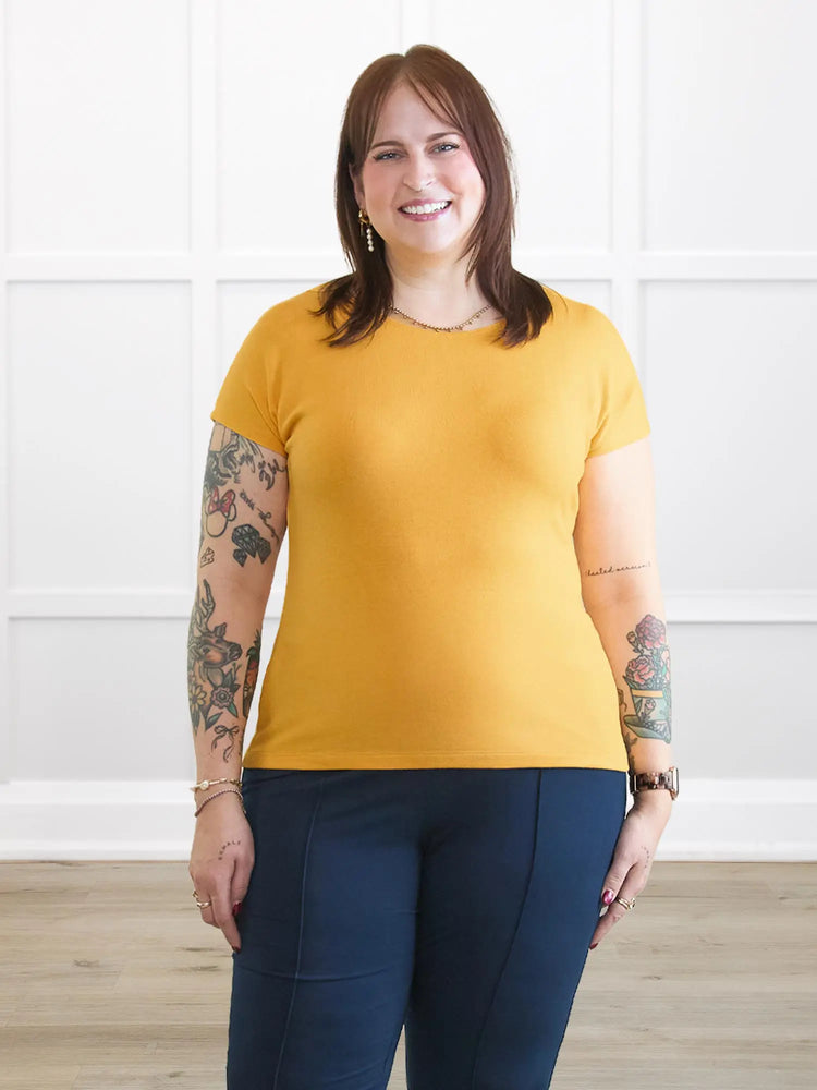 Mimi reversible neckline dolman top for women in Daffodil on model Kaitlin, size L @Kaitlin-L 