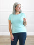 Mimi reversible neckline dolman top for women in Fiji blue on model Kerri, size S @Kerri-S 