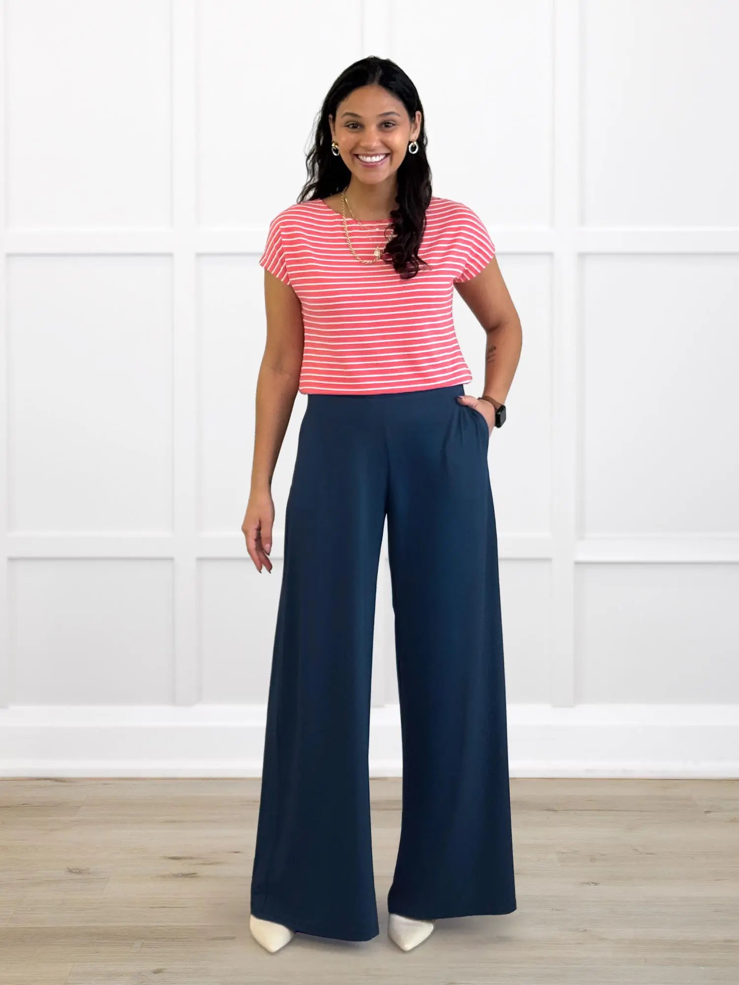 Mimi reversible neckline dolman top for women in Miami stripe on model Meron, size XS @Meron-XS 
