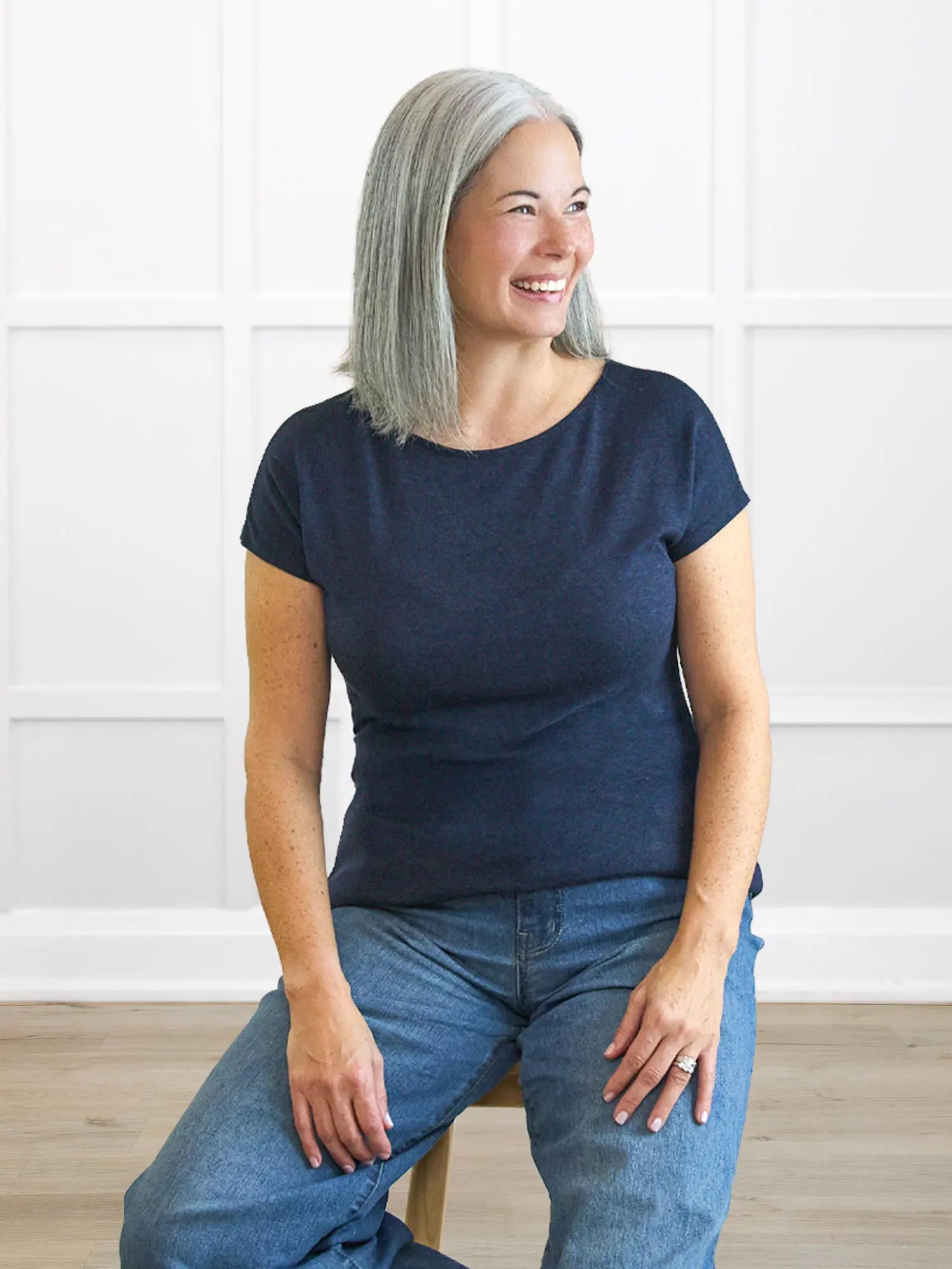 Mimi reversible neckline dolman top for women in Midnight blue on model Kerri, size S @Kerri-S 