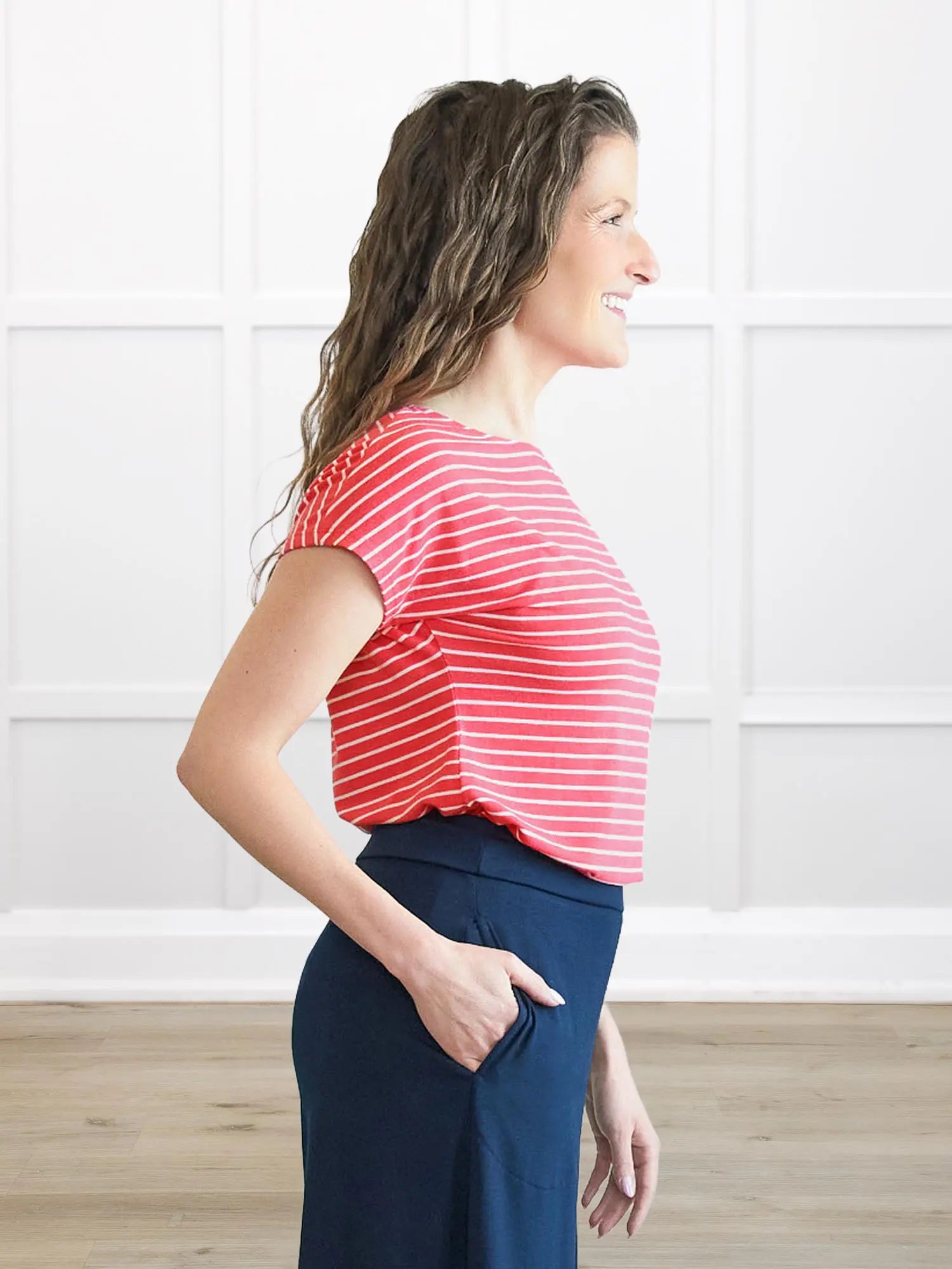 Mimi reversible neckline dolman top for women in Miami stripe on model Lex, size XS @Lex-XS 