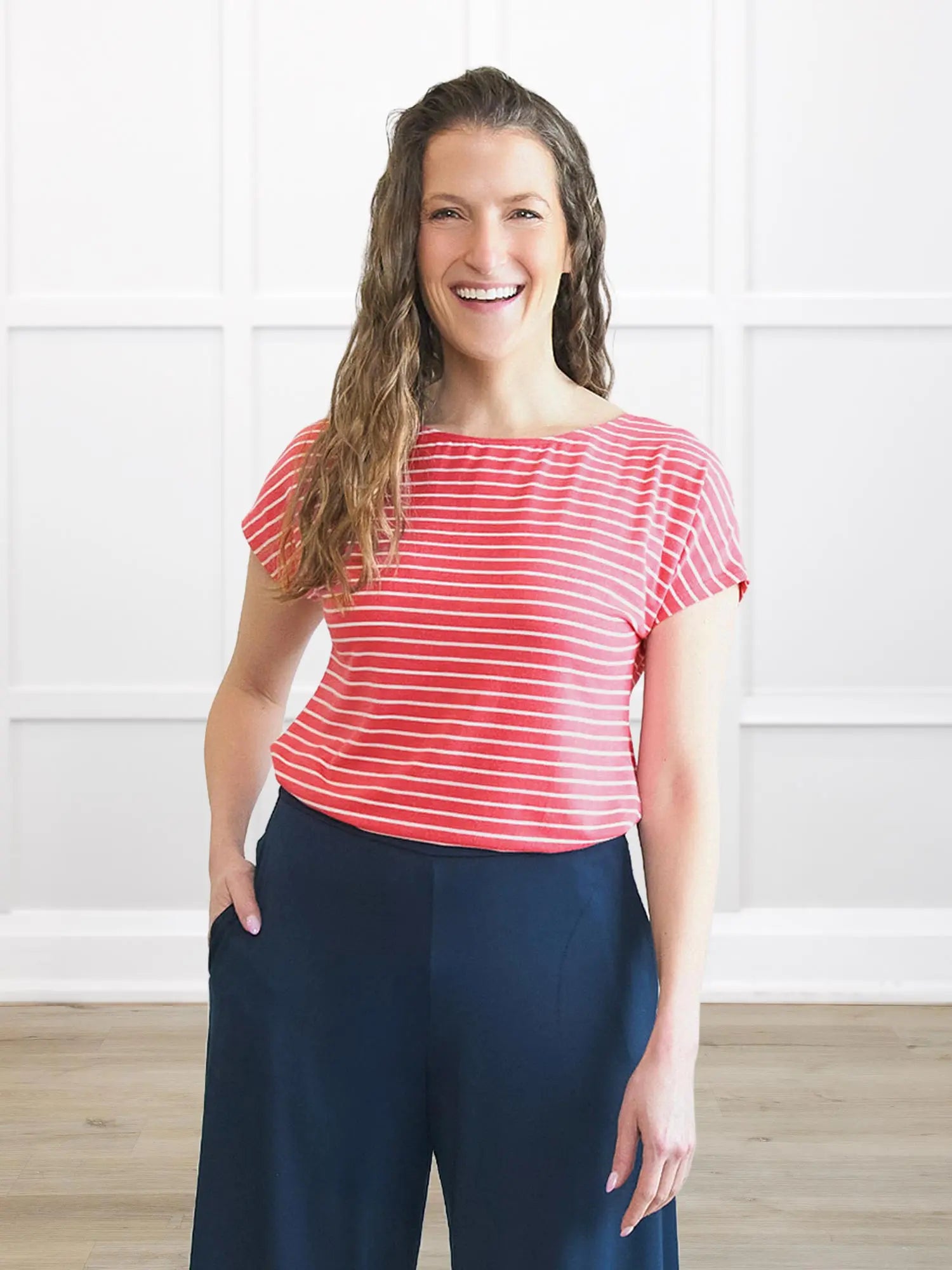 Mimi reversible neckline dolman top for women in Miami stripe on model Lex, size XS @Lex-XS 