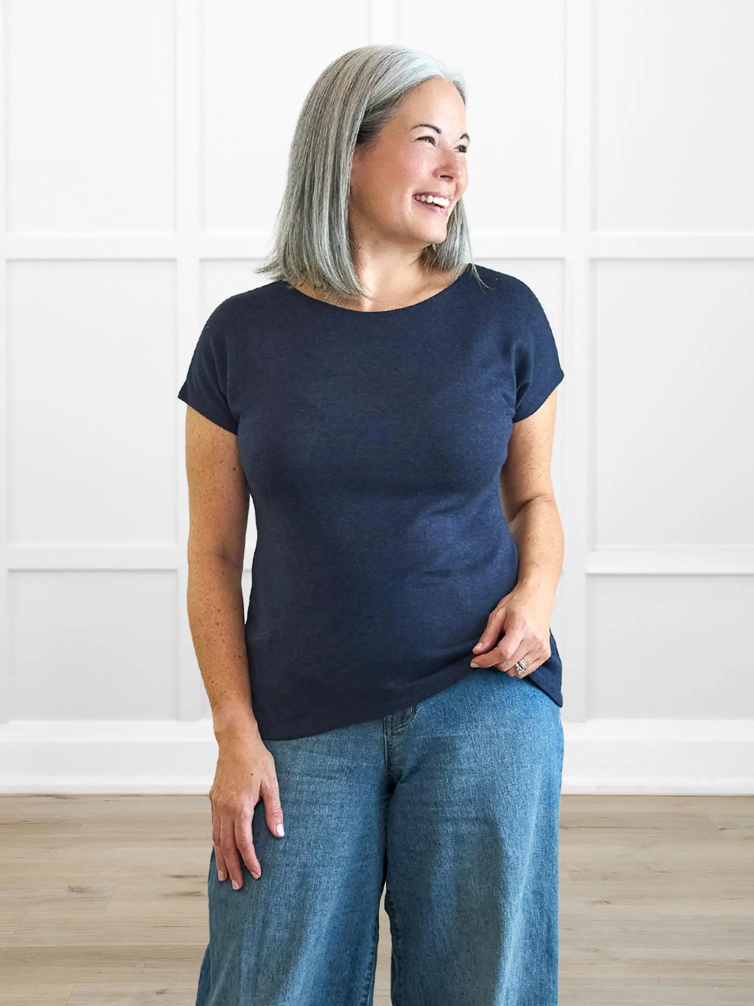 Mimi reversible neckline dolman top for women in Midnight blue on model Kerri, size S @Kerri-S 