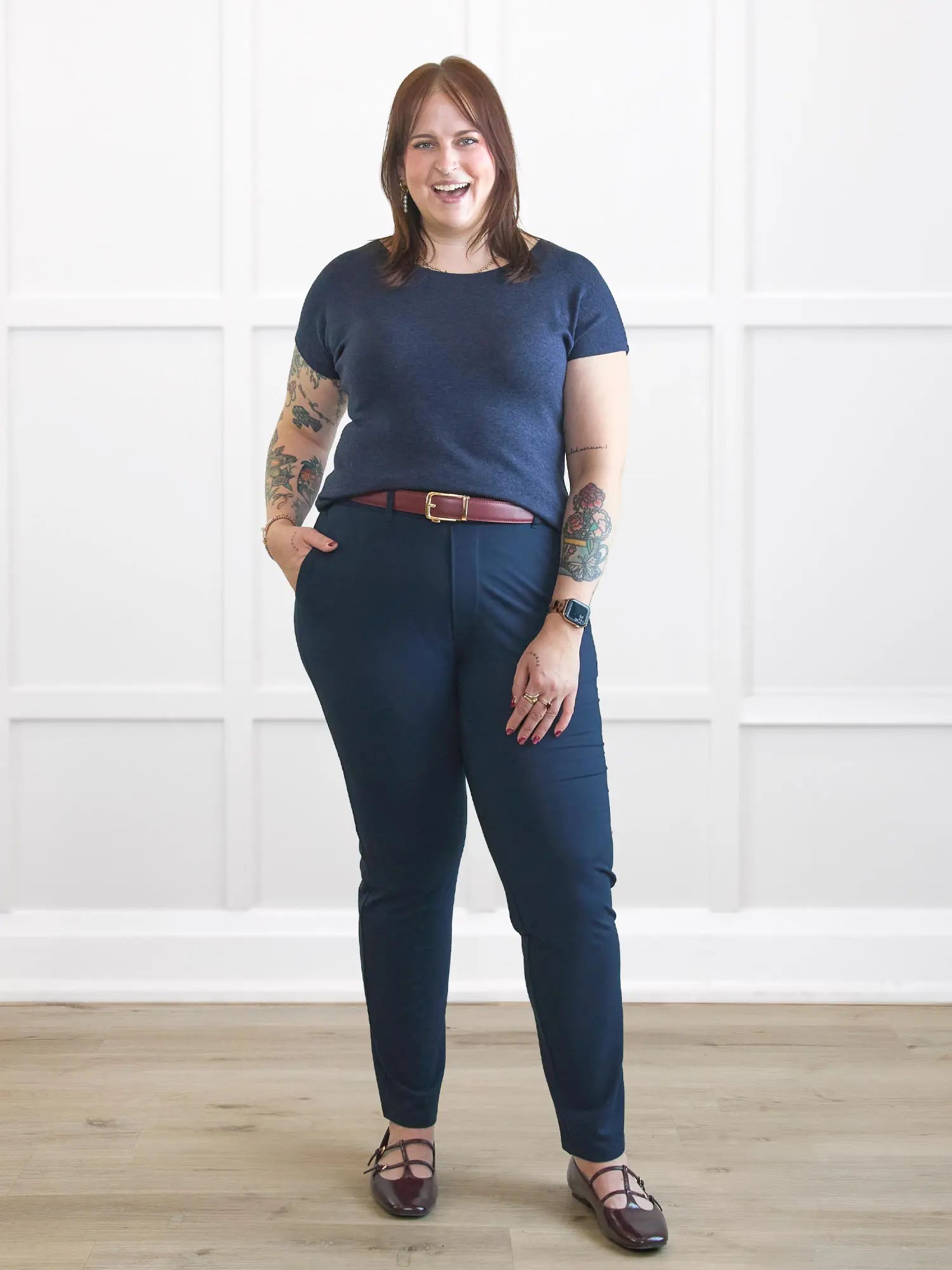 Mimi reversible neckline dolman top for women in Midnight blue on model Kaitlin, size L @Kaitlin-L 