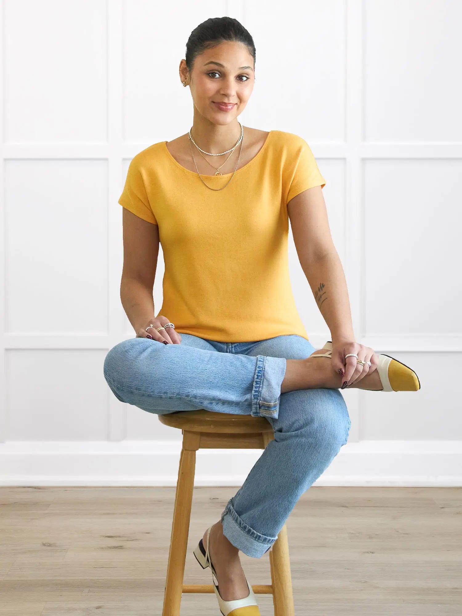 Mimi reversible neckline dolman top for women in Daffodil on model Meron, size XS @Meron-XS 