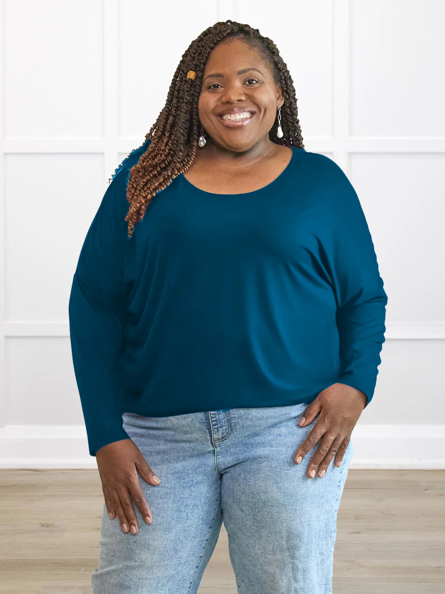 Mindy long sleeve dolman top for women in Teal 