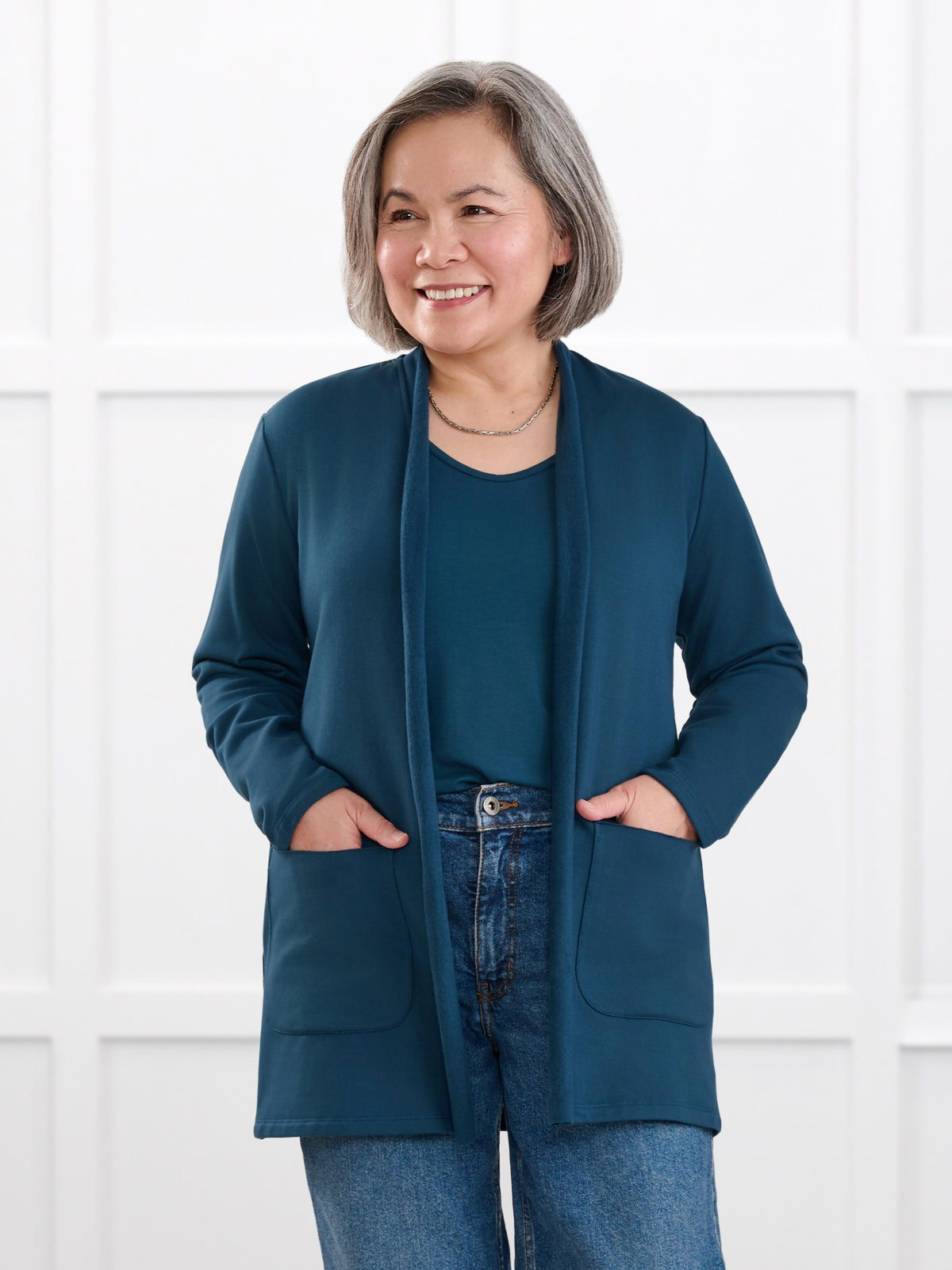 Montana fleece pocket cardigan for women in Atlantic on model Terry, size S Petite @Terry-S-petite 
