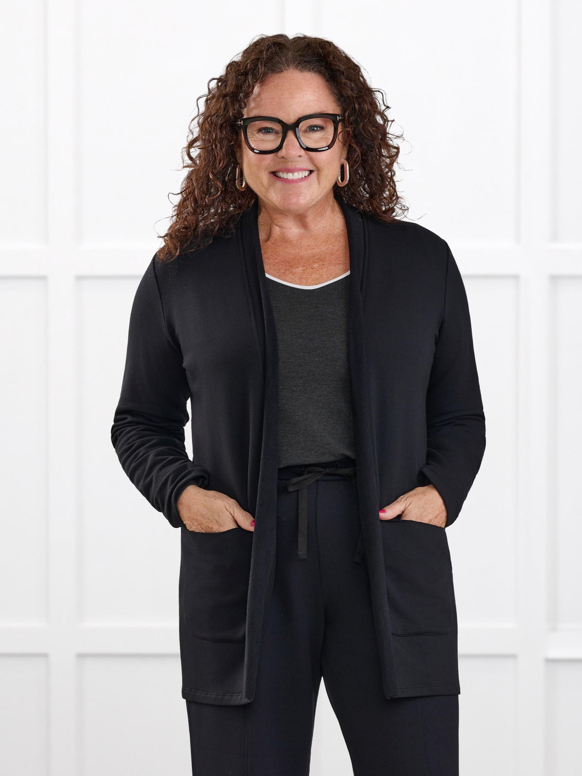 Montana fleece pocket cardigan for women in Black on model Kerri, size M Petite @Kerri-M-petite 