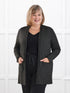 Montana fleece pocket cardigan for women in Charcoal on model Laurie, size XXL Regular @Laurie-XXL-regular 