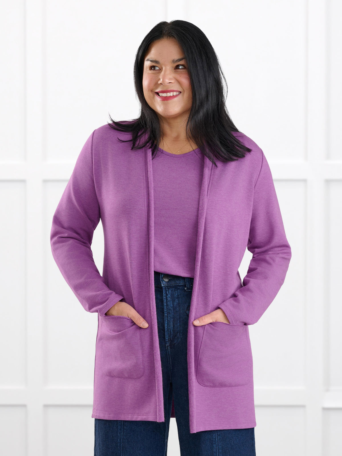 Montana fleece pocket cardigan for women in Lupin melange on model Jenn, size M Regular @Jenn-M-regular 