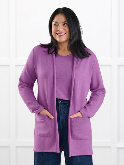 Montana fleece pocket cardigan for women in Lupin melange on model Jenn, size M Regular @Jenn-M-regular 