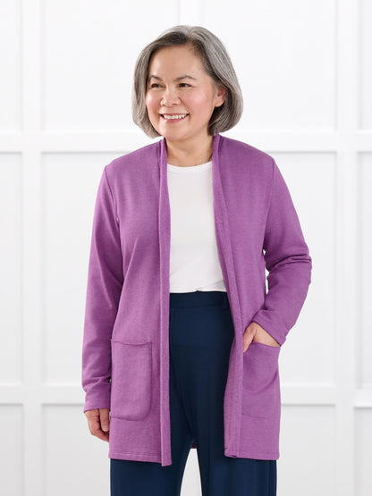 Montana fleece pocket cardigan for women in Lupin melange on model Terry, size S Petite @Terry-S-petite 