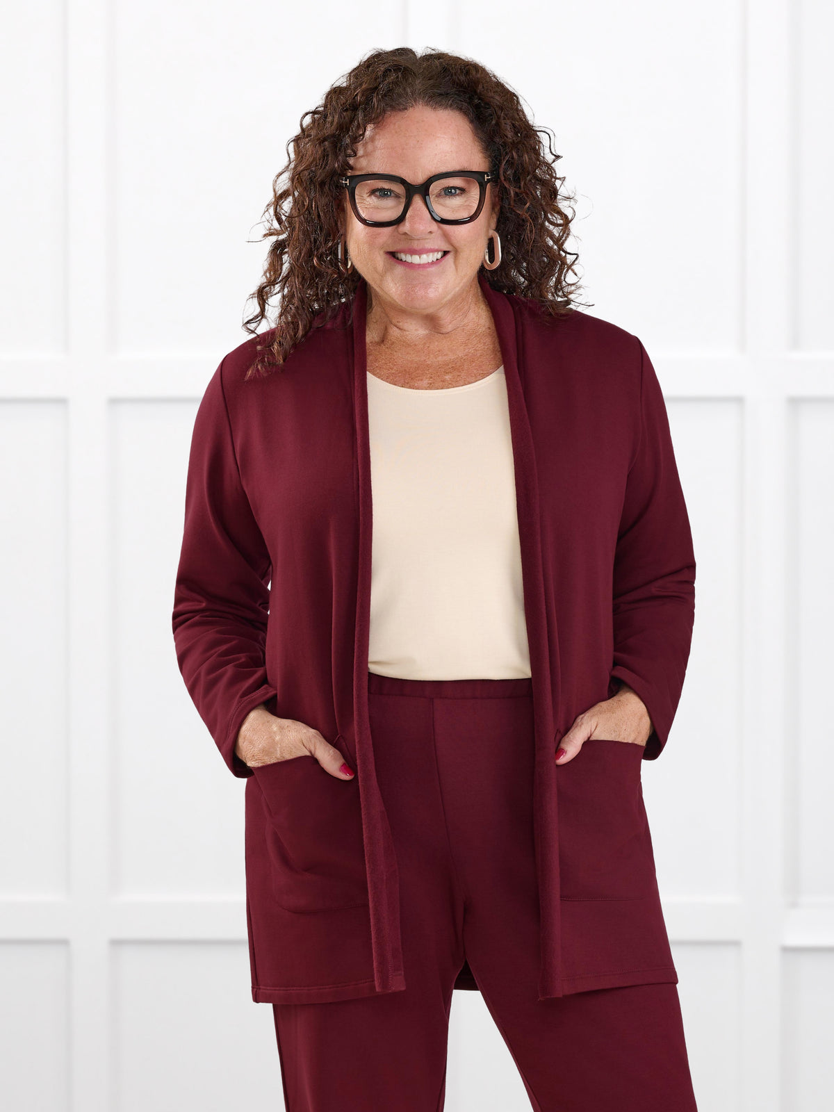 Montana fleece pocket cardigan for women in Merlot on model Kerri, size M Petite @Kerri-M-petite 