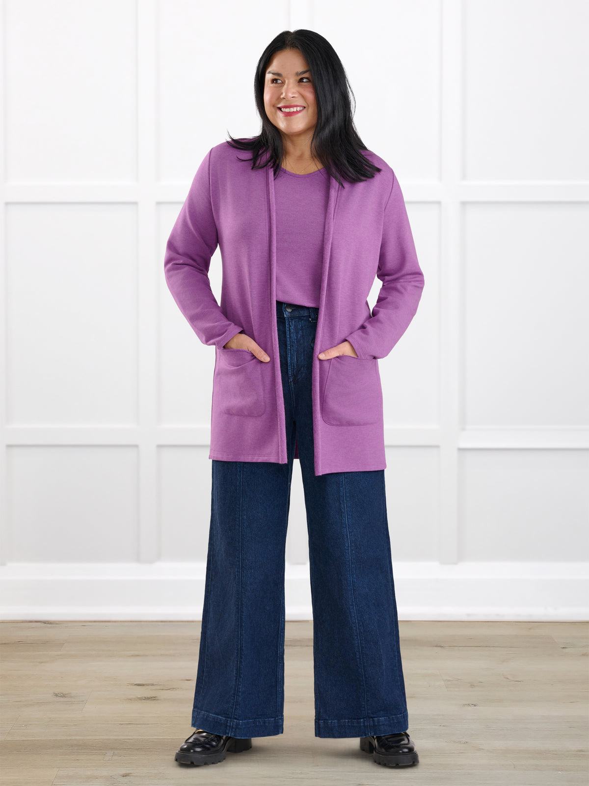 Montana fleece pocket cardigan for women in Lupin melange on model Jenn, size M Regular @Jenn-M-regular 