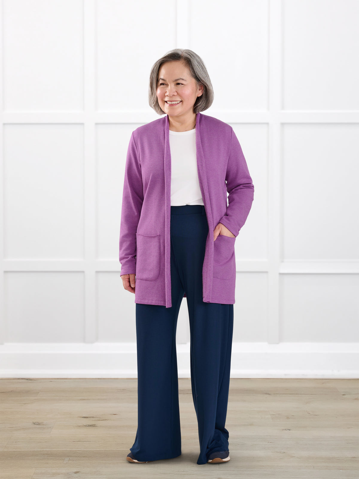 Montana fleece pocket cardigan for women in Lupin melange on model Terry, size S Petite @Terry-S-petite 