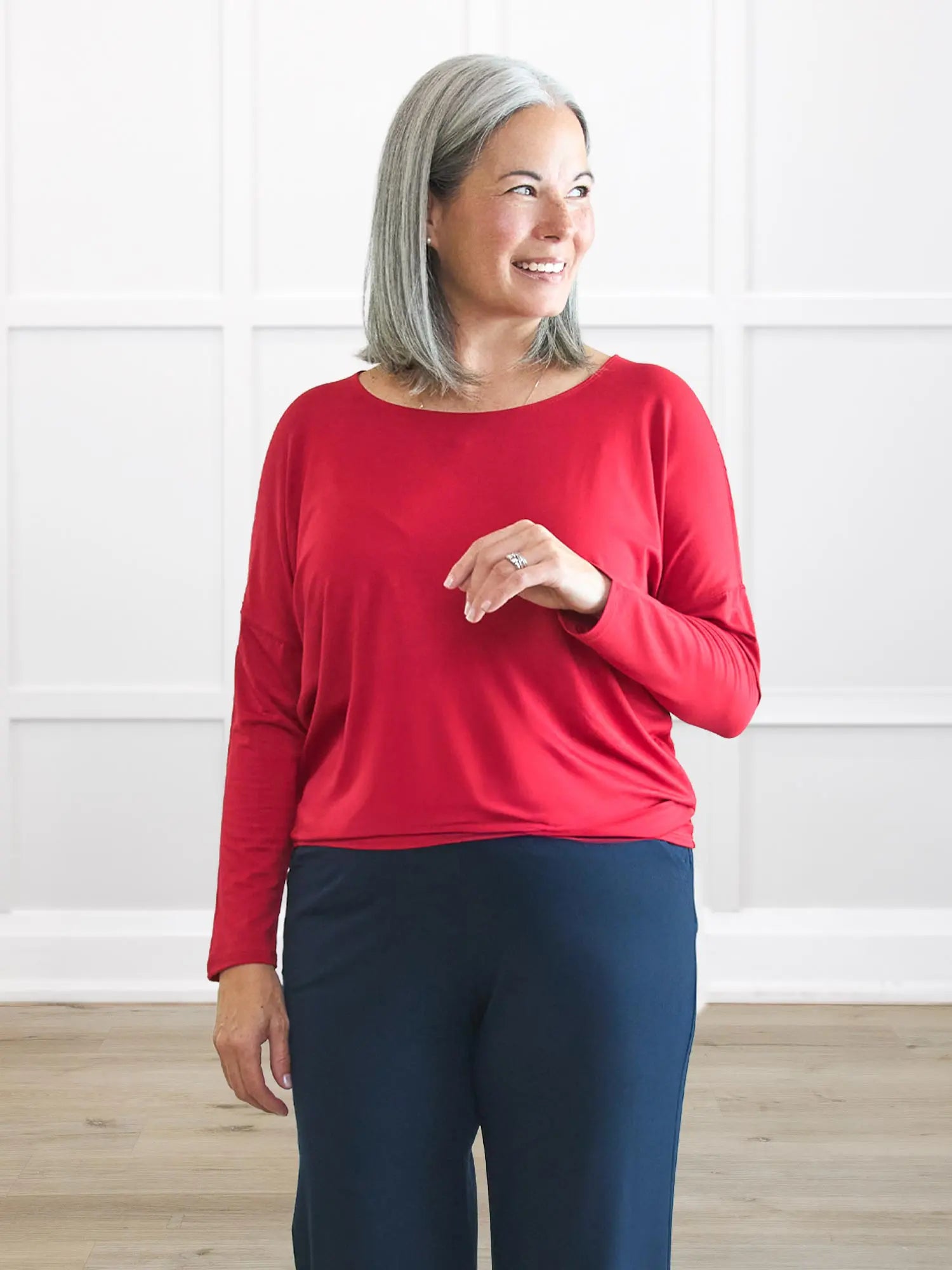 Mylene long sleeve dolman top for women in Poppy red on model Kerri, size S @Kerri-S 