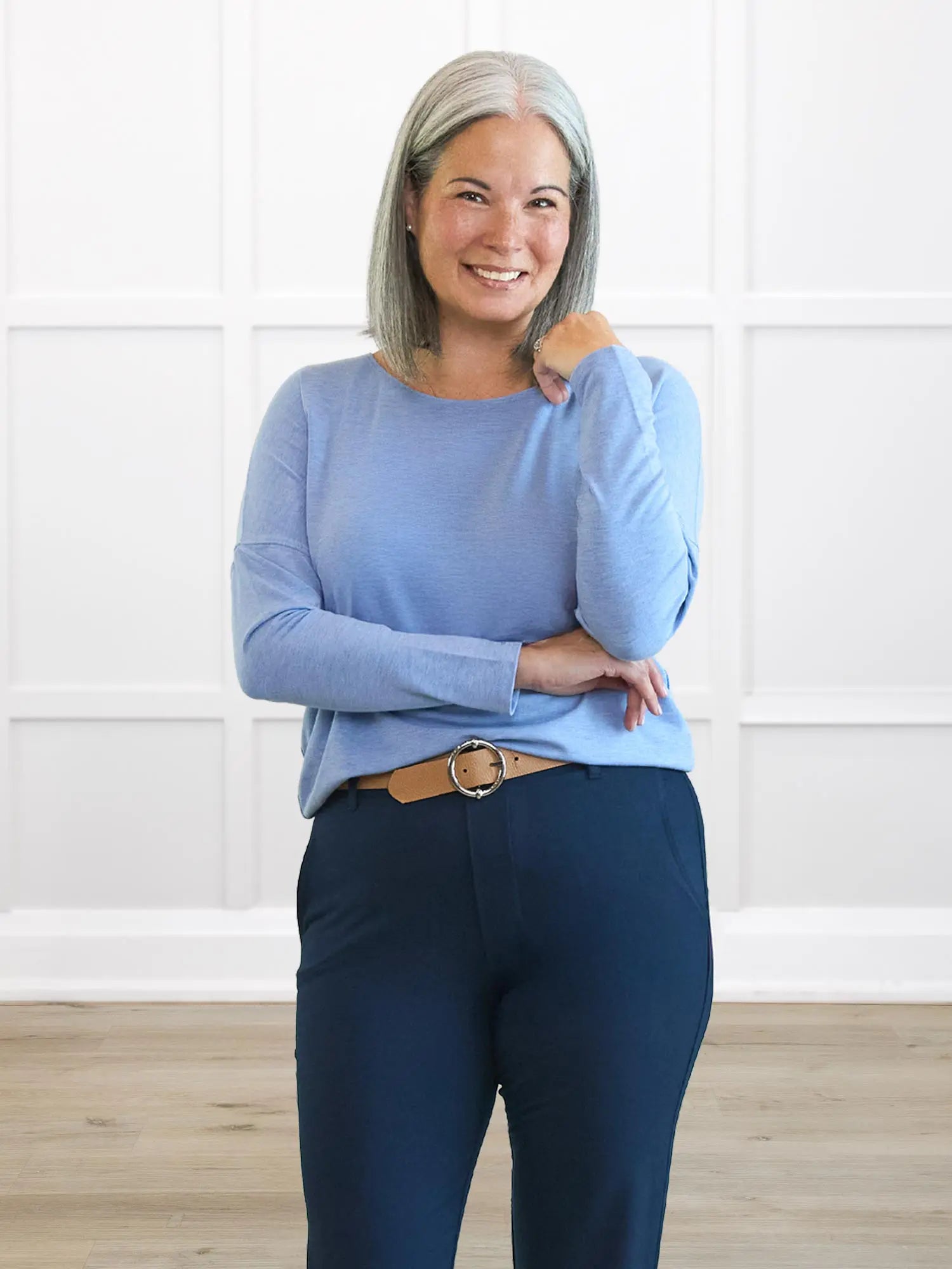 Mylene long sleeve dolman top for women in Denim melange on model Kerri, size S @Kerri-S 