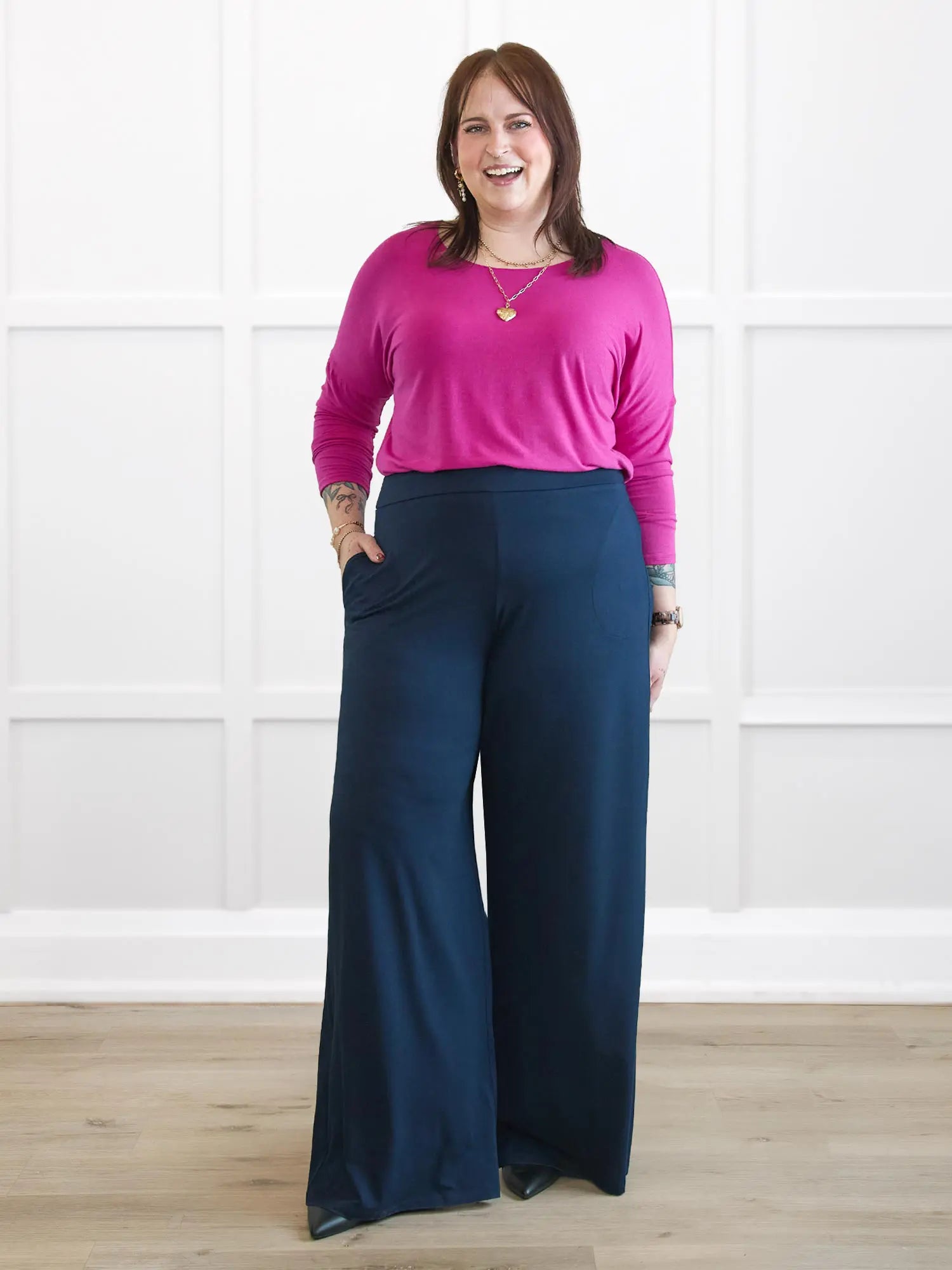 Mylene long sleeve dolman top for women in Azalea melange on model Kaitlin, size L @Kaitlin-L 