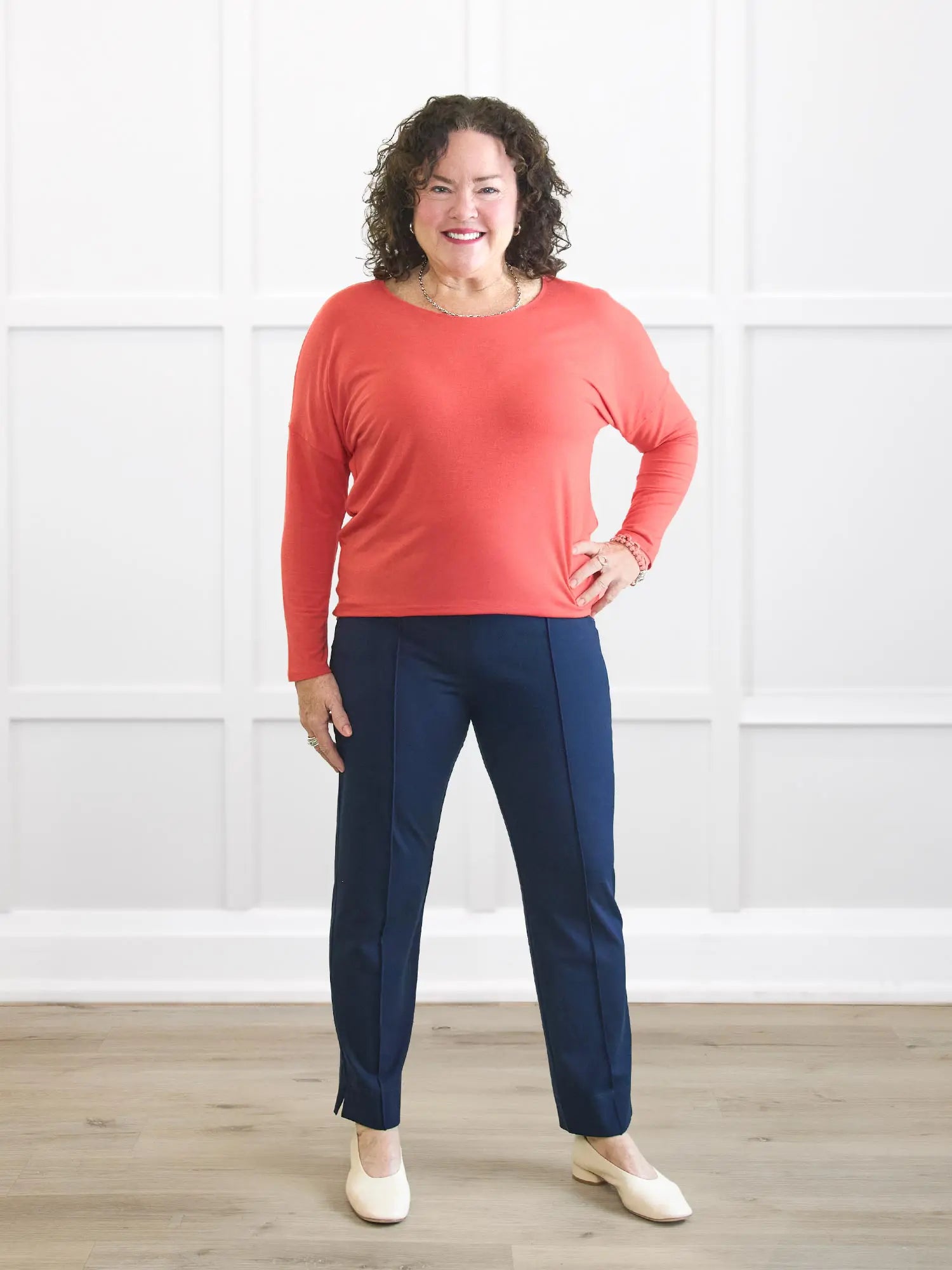 Mylene long sleeve dolman top for women in Papaya melange on model Kerri, size M @Kerri-M 