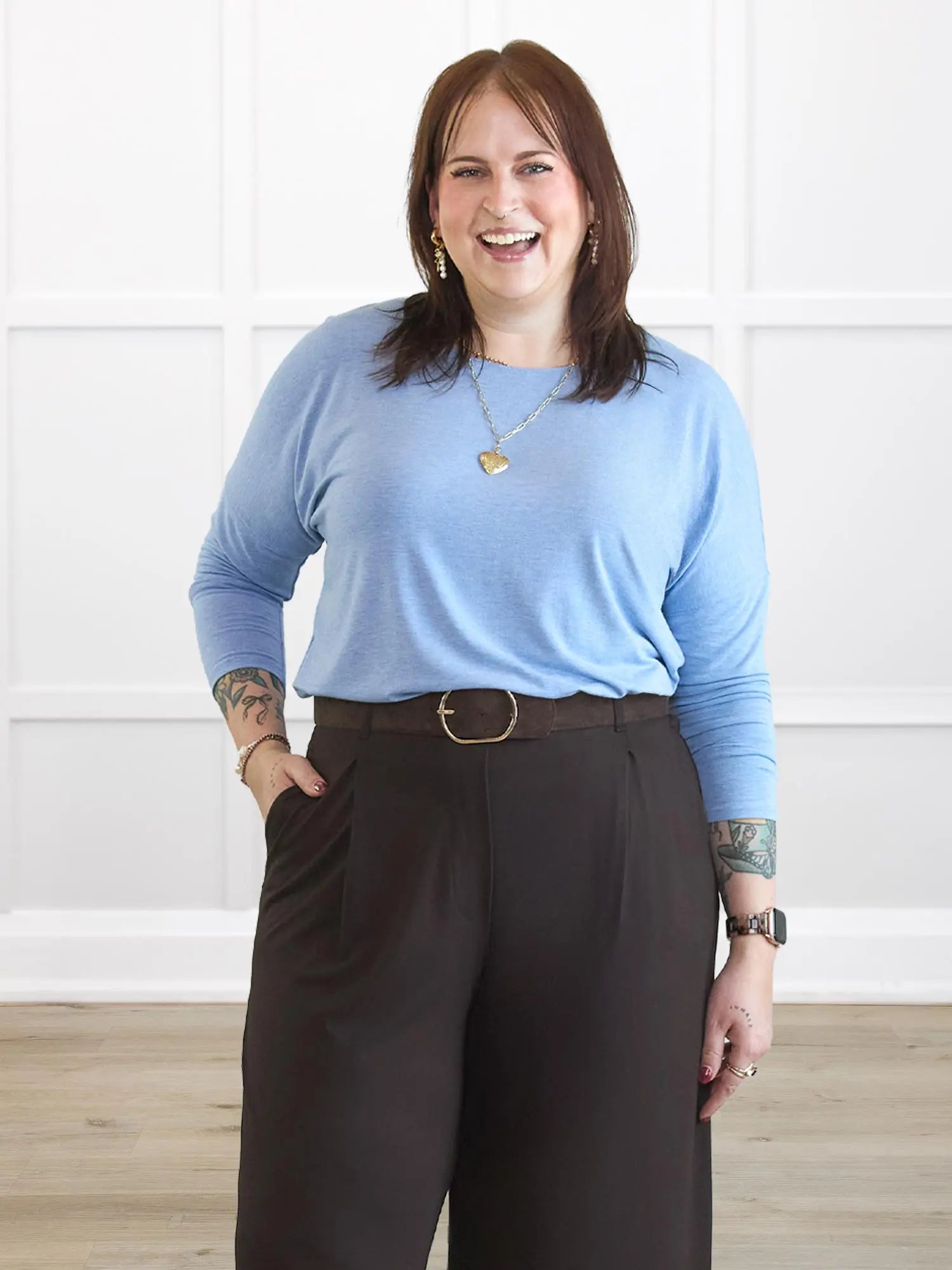 Mylene long sleeve dolman top for women in Denim melange on model Kaitlin, size L @Kaitlin-L 