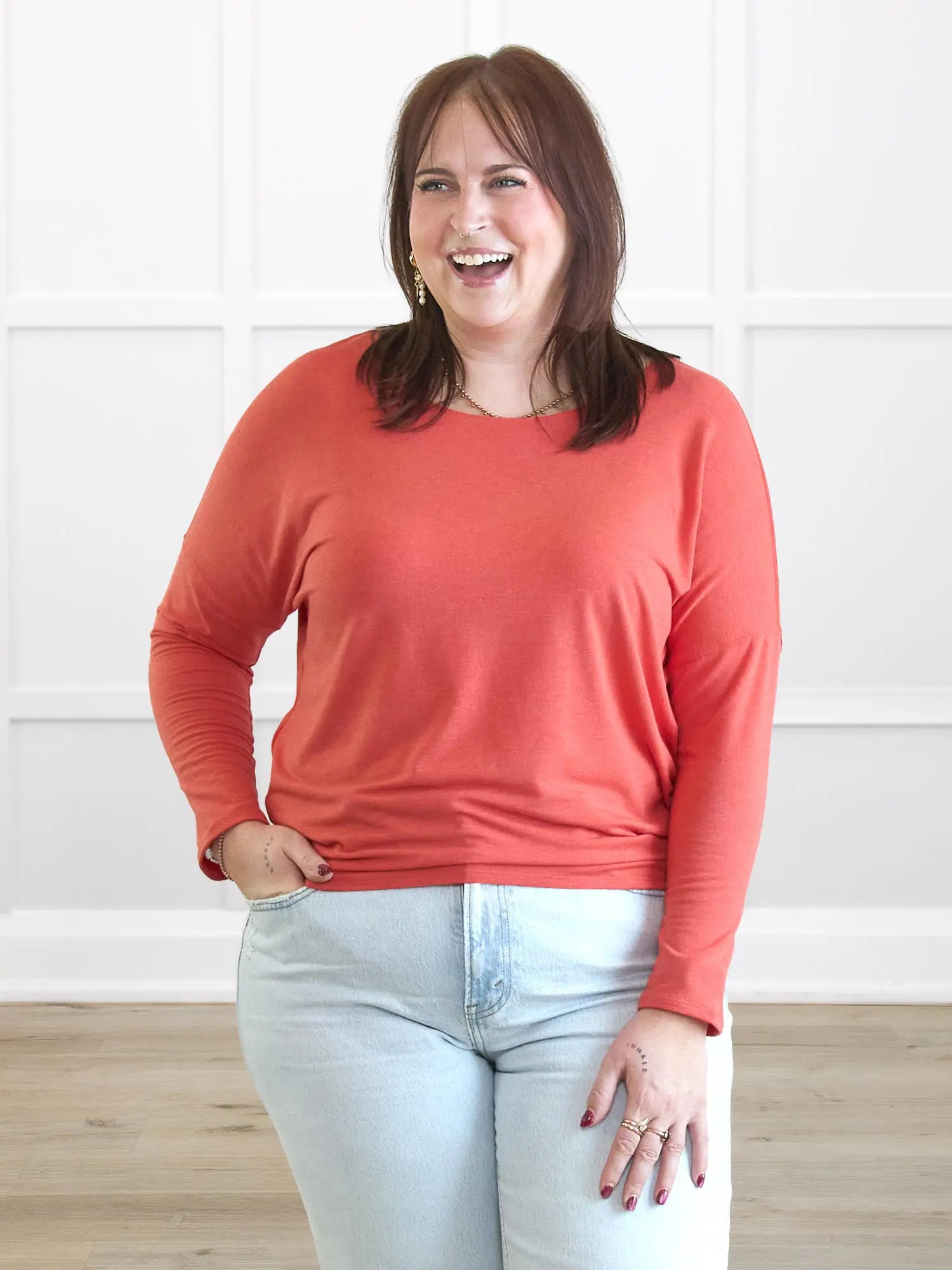 Mylene long sleeve dolman top for women in Papaya melange on model Kaitlin, size L @Kaitlin-L 