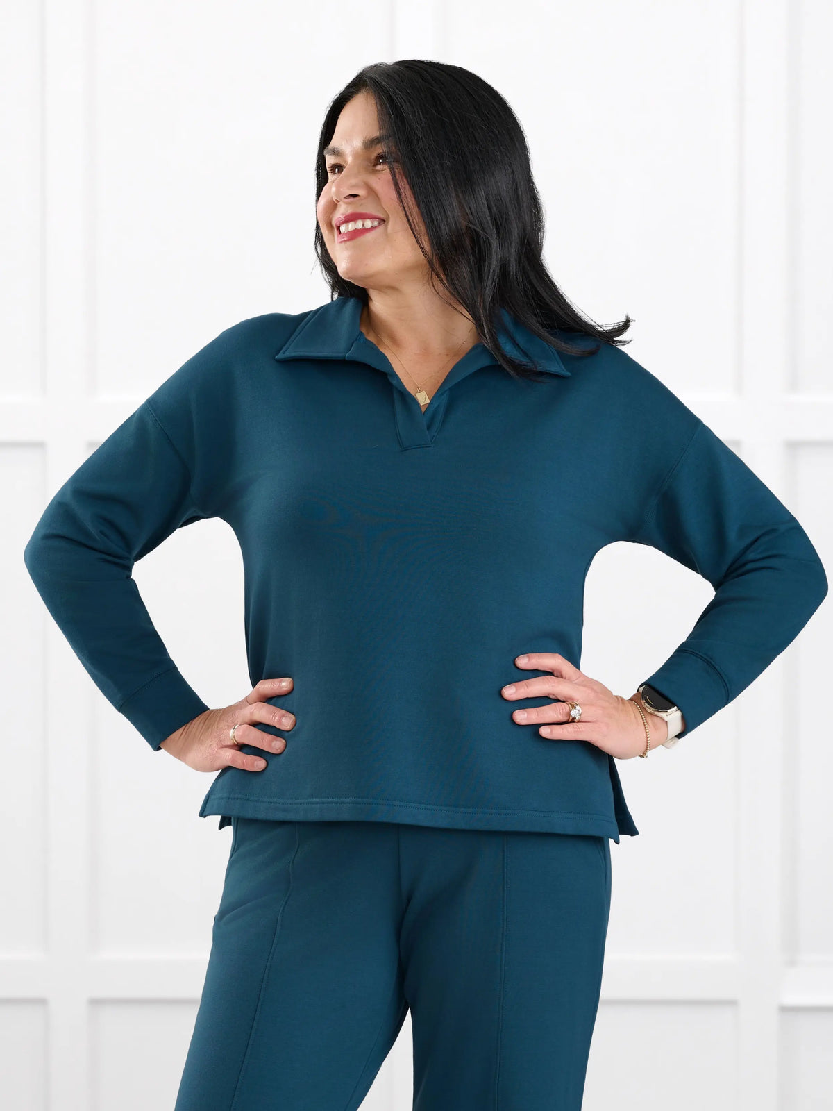 Odell fleece polo sweatshirt for women in Atlantic on model Jenn, size M Regular @Jenn-M-regular 