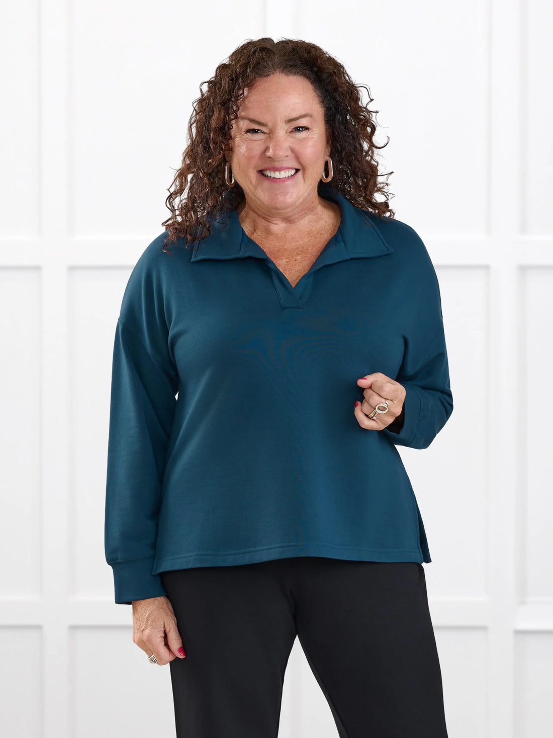 Odell fleece polo sweatshirt for women in Atlantic on model Kerri, size M Petite @Kerri-M-petite 