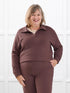 Odell fleece polo sweatshirt for women in Brown melange on model Laurie, size XXL Regular @Laurie-XXL-regular 