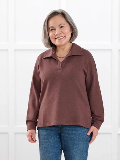 Odell fleece polo sweatshirt for women in Brown melange on model Terry, size S Petite @Terry-S-petite 