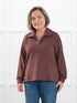 Odell fleece polo sweatshirt for women in Brown melange on model Terry, size S Petite @Terry-S-petite 