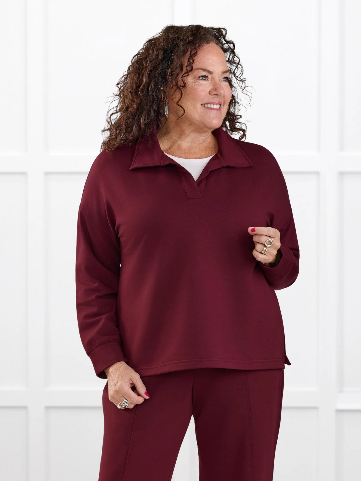Odell fleece polo sweatshirt for women in Merlot on model Kerri, size M Petite @Kerri-M-petite 