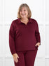 Odell fleece polo sweatshirt for women in Merlot on model Laurie, size XXL Regular @Laurie-XXL-regular 