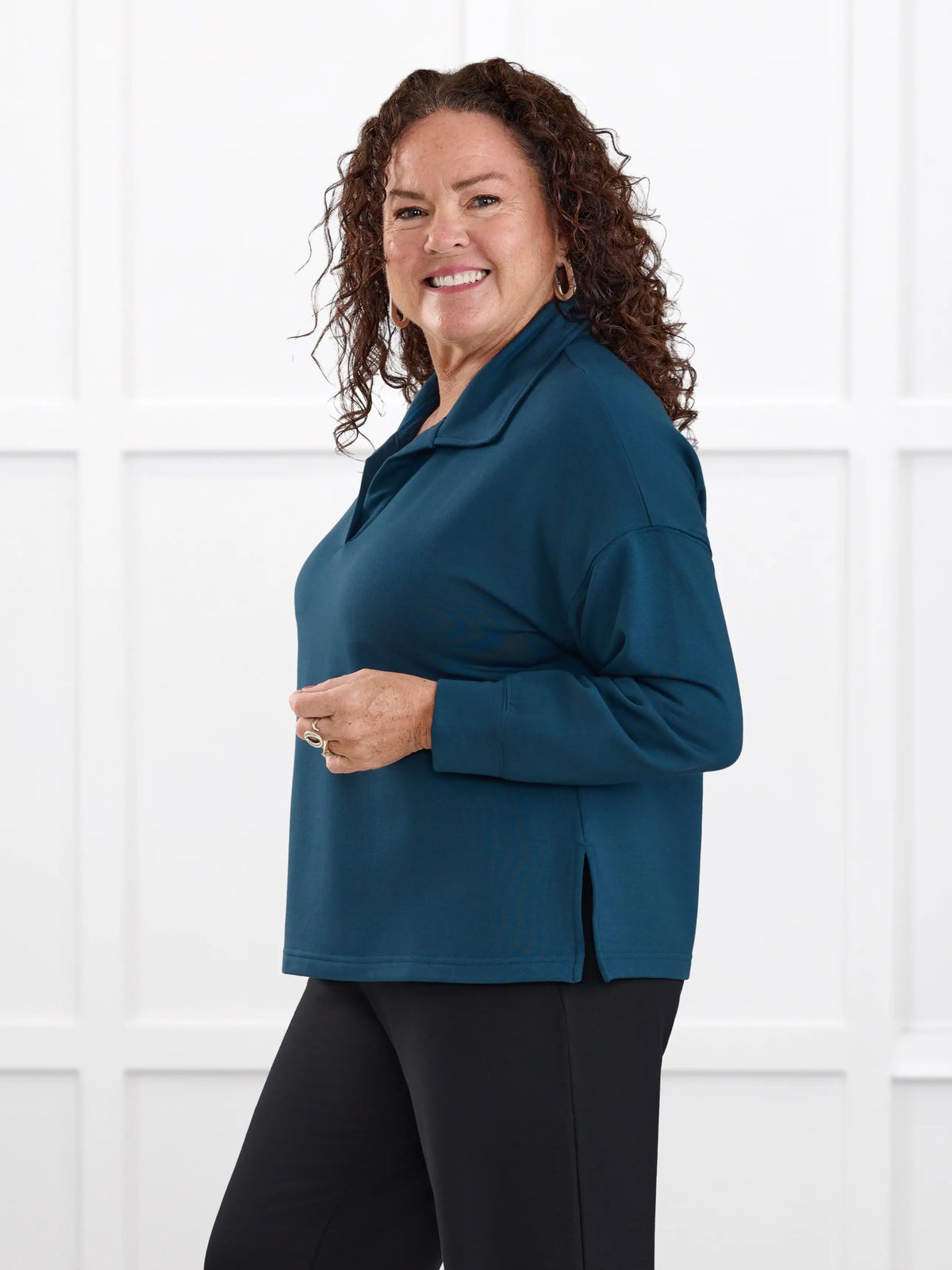 Odell fleece polo sweatshirt for women in Atlantic on model Kerri, size M Petite @Kerri-M-petite 