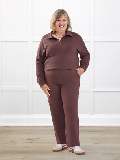 Odell fleece polo sweatshirt for women in Brown melange on model Laurie, size XXL Regular @Laurie-XXL-regular 