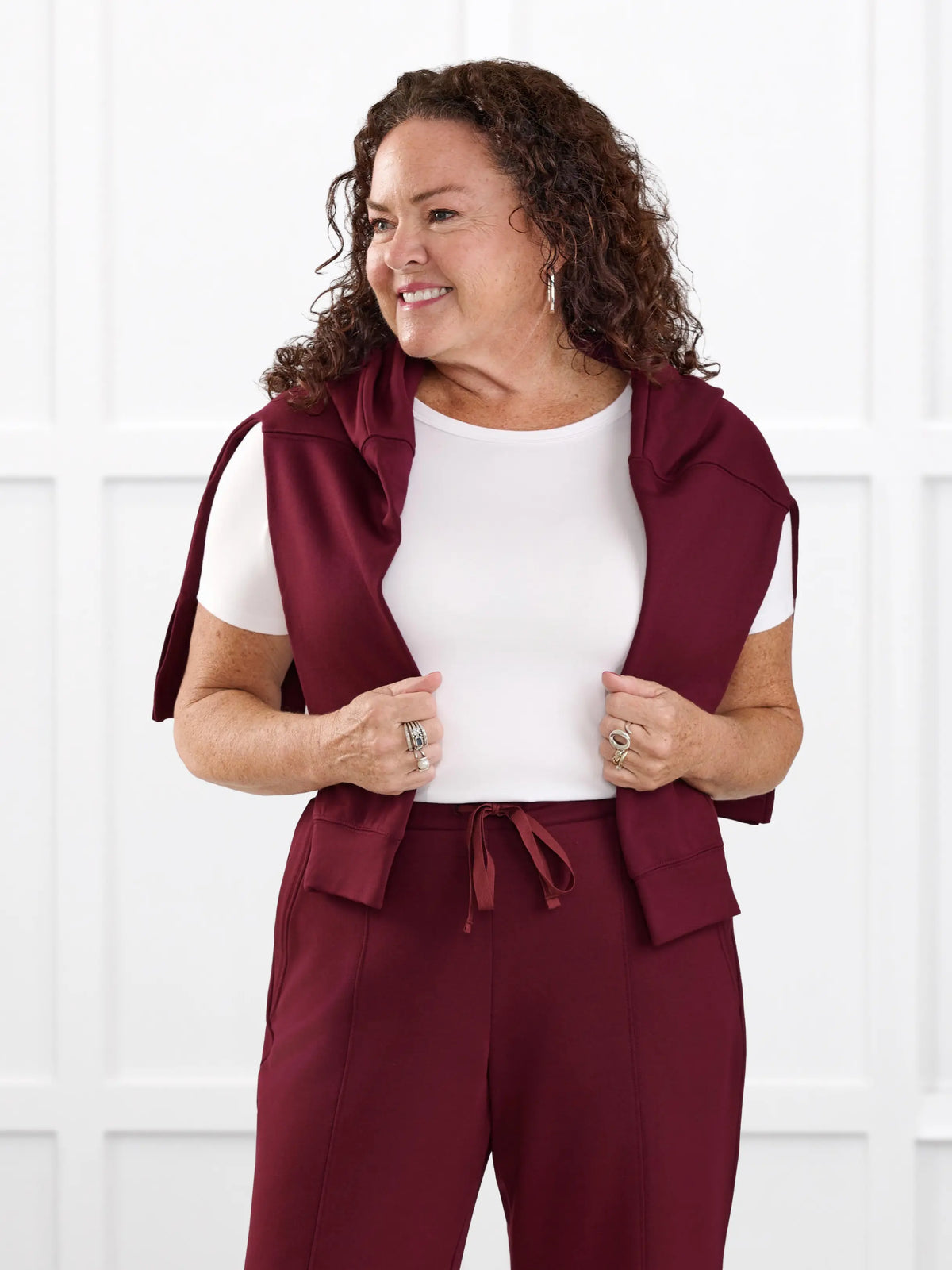 Odell fleece polo sweatshirt for women in Merlot on model Kerri, size M Petite @Kerri-M-petite 