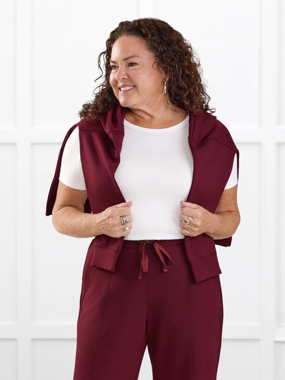 Odell fleece polo sweatshirt for women in Merlot on model Kerri, size M Petite @Kerri-M-petite 